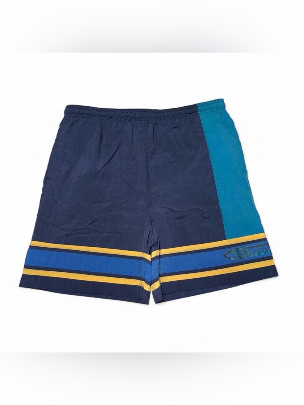 Sonoma Navy Swim Shorts with Teal Panel and Yellow Stripes